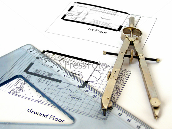 Technical architectural CAD drawing with square ruler and compass