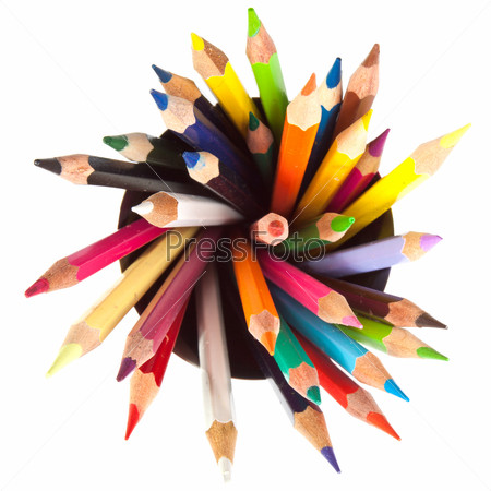 different colored pencils with white background