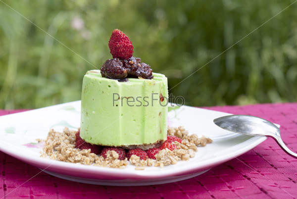 Sweet dessert with fresh wild strawberry and fruit jam
