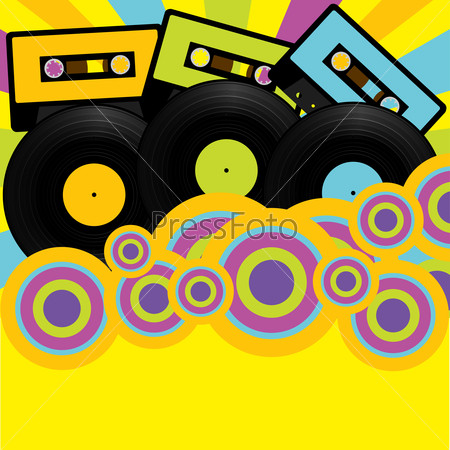 Retro Party Background - Retro Audio Cassette Tapes and Vinyl Records