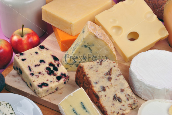 Close-up of cheese platter with some organic fresh cheese, stock photo