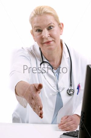 Medical assistant gives her hand to say hello
