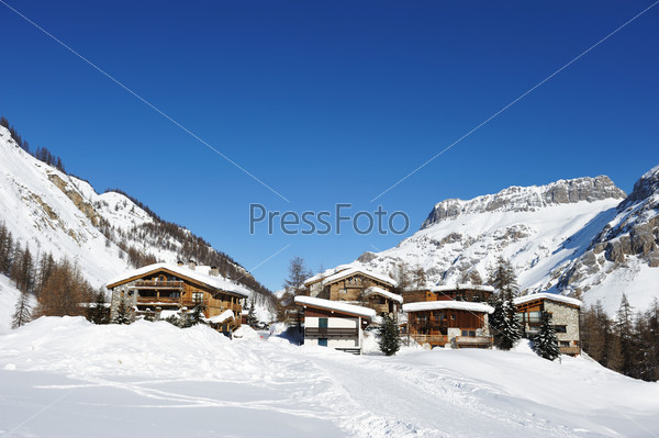 Mountain ski resort with snow in winter, Val-d\'Isere, Alps, France