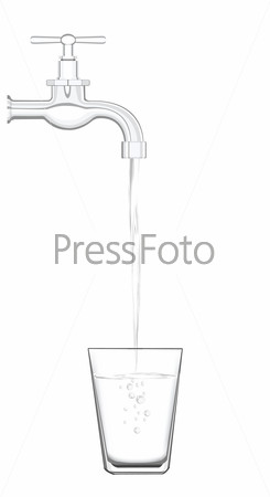 a water tap with realistic flowing water, filling up a glass on a white background