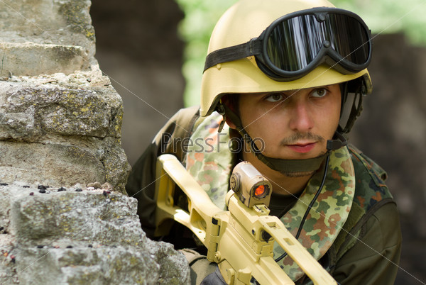 Soldier in helmet with headset