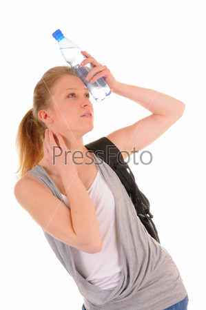 Beauty casual girl try to cool down by plastic bottle with\
water, isolated on white background