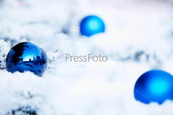 Christmas winter blue background. Ornaments with ball