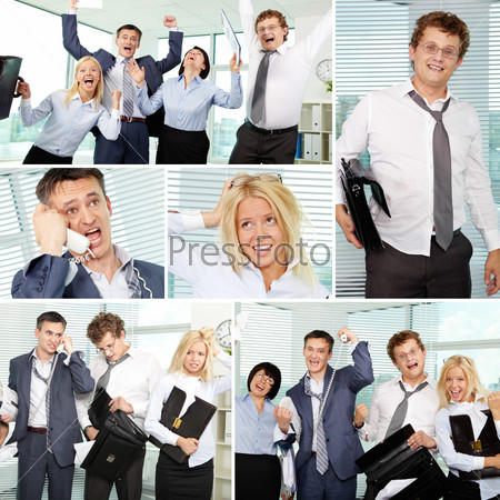 Collage of tired businesspeople in office, stock photo