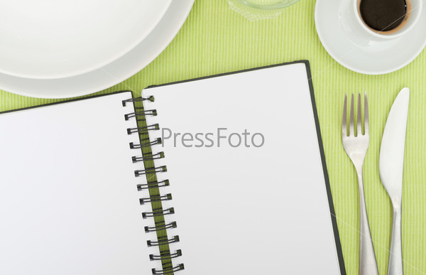 Recipe Book - Open Blank Diary on Set Table In Restaurant