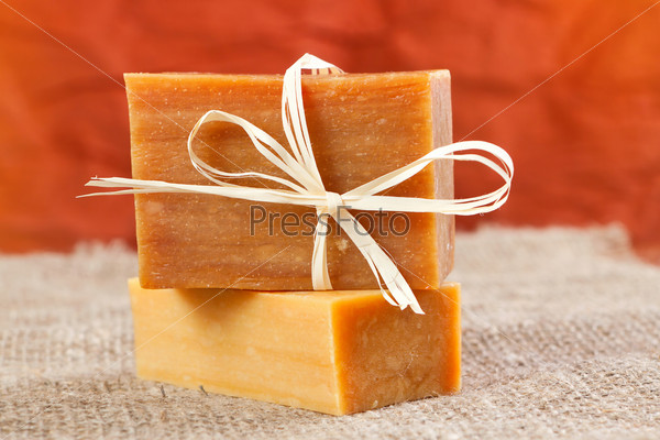 Natural handmade soap tied with a ribbon, stock photo