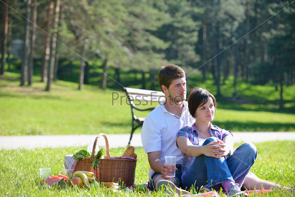 Счастливая молодая влюбленная пара на летнем пикнике