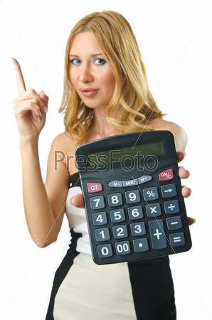 Woman accountant with calculator on white