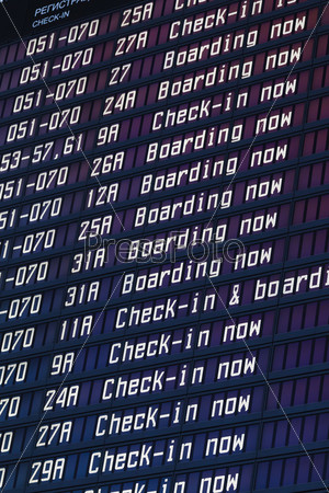 Airport flight schedule with the list of flights and information on registration