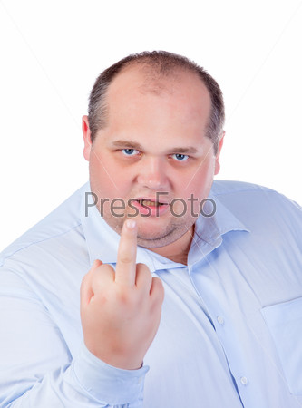 Fat Man in a Blue Shirt Showing Obscene Gestures isolated