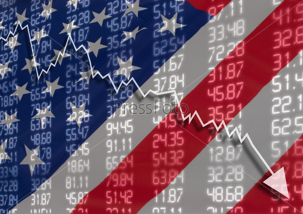 Crisis in USA - Shares Fall Graph on United States of America Flag