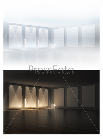 3D empty frames in a gallery room. 3d render. Night and day variations
