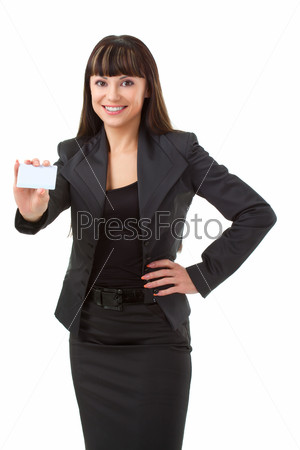 smiling businesswoman holding blank card over white