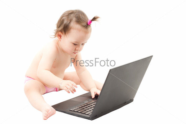 portrait child typing on laptop isolated on white background