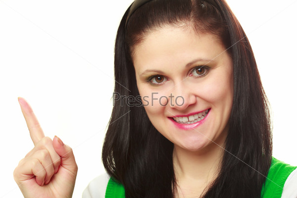 woman points with finger over white