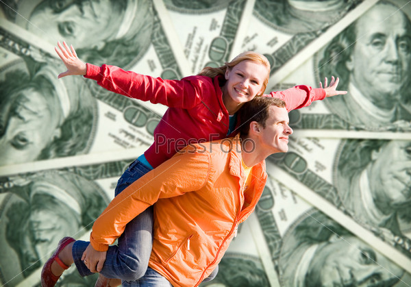Portrait Young love Couple smiling money, 100 american dollars