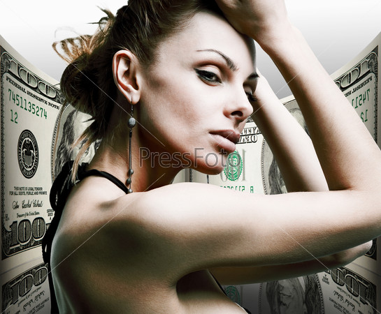 Portrait beautiful young woman. Money, 100 american dollars