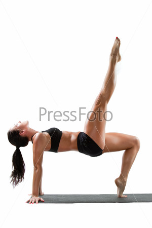 Sexy attractive woman in sports bra on yoga pose on isolated\
white background.more photos from this series in my\
portfolio!