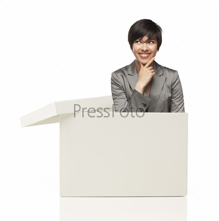Attractive Ethnic Female Popping Out and Thinking Outside The\
Box Isolated on a White Background.