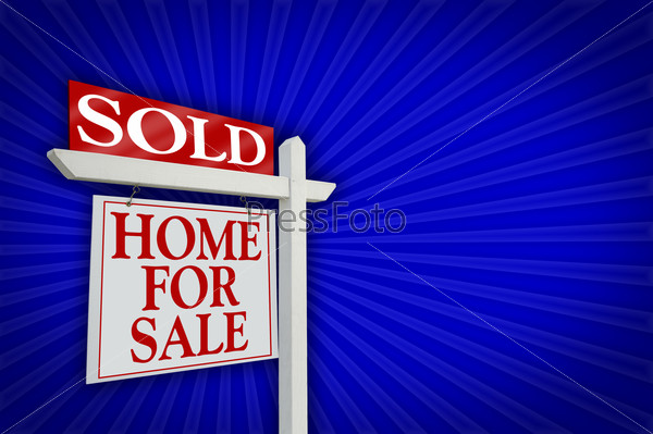Sold Home For Sale sign on Blue Burst Background - Ready for your message. See my theme variations.