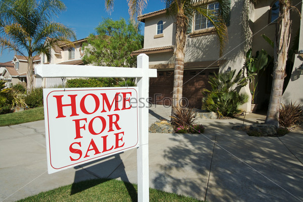 Sold Home For Sale Sign in Front of New House, stock photo