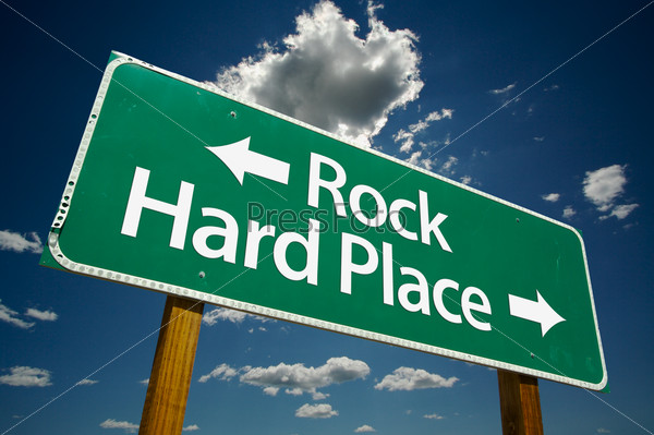 Rock and Hard Place Green Road Sign