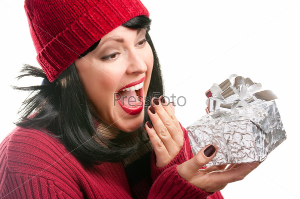 Surprised Woman Holds Holiday Gift