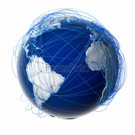 Earth with relief stylized continents surrounded by a wired network, symbolizing the world aviation traffic, which is based on real data. Elements of this image furnished by NASA. Isolated on white