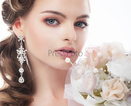 Portrait of beautiful young bride isolated on white background