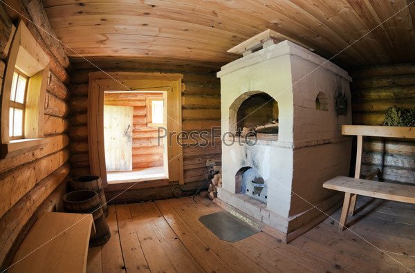 Interior of the Russian bath with stove, stock photo