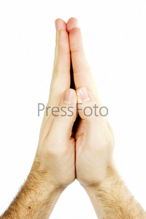 Praying male hands isolated on white with clipping path.