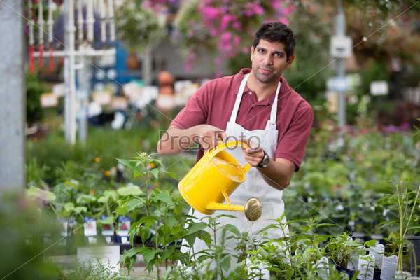 Portrait of young man watering the plants