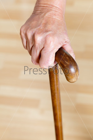 Hand Holding Wooden Walking Stick