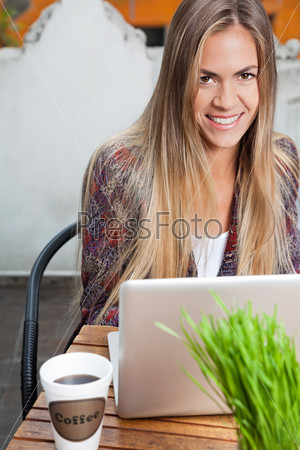 Beautiful Woman With Laptop At Cafe