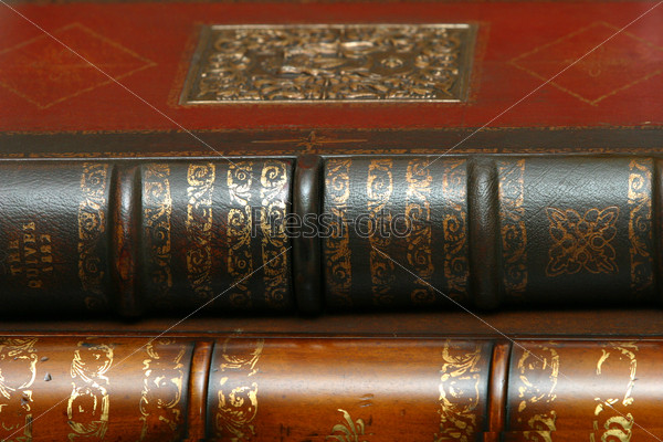 Two ancient books in leather bindings issued in 1882, stock photo