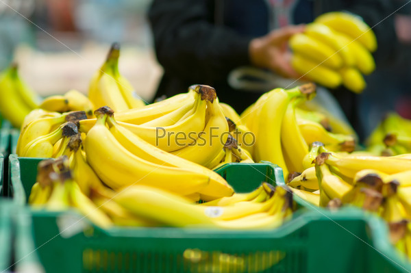Бананы в ящиках в супермаркете