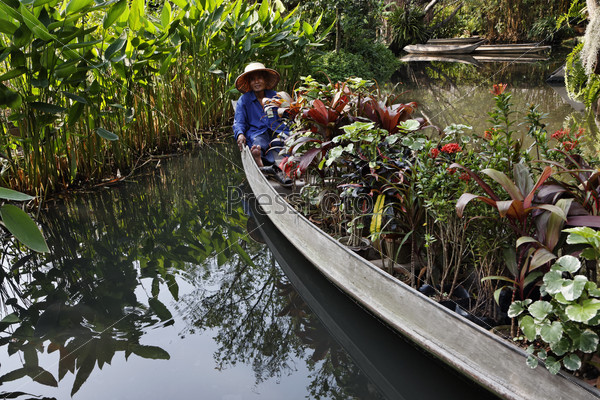 Таиланд, Бангкок, розовый сад, тайский садовник везет тропические растения на своей лодке