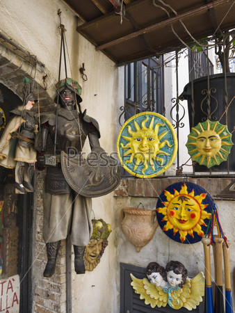 Italy, Sicily, Castelmola town (Taormina), sicilan gadgets for sale in a store
