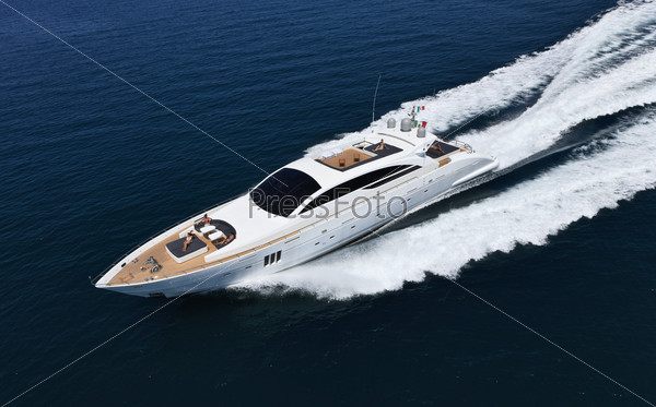 Italy, Tirrenian sea, off the coast of Viareggio, Tuscany, luxury yacht Tecnomar 36 (36 meters), aerial view