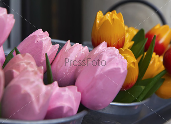 Holland, Amsterdam, wooden hand painted tulips for sale in a local store