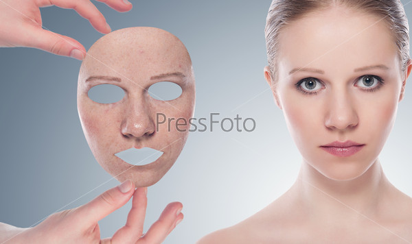 concept skincare with  mask . Skin of beauty young woman before and after the procedure  on a gray background