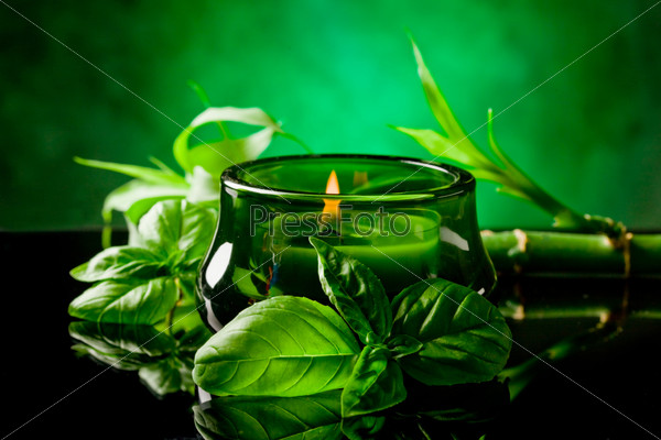 photo of candle with basil fragrance on black glass table