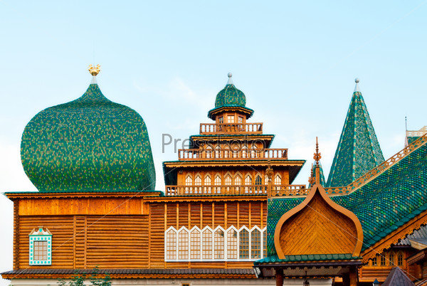 Domes, poppy-heads and cupolas of the wooden palace in Kolomenskoye, Moscow, Russia