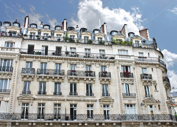 Facade of a traditional building in downtown Paris, France