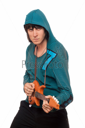 Bizarre man with a little guitar. Isolated on white