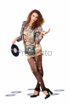 Pretty young woman with vinyl disc in a hands
